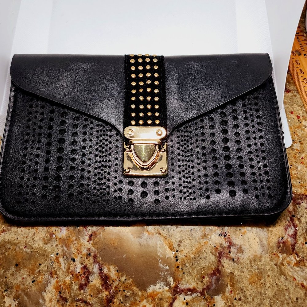 Three pocket black and gold faux leather clutch bag